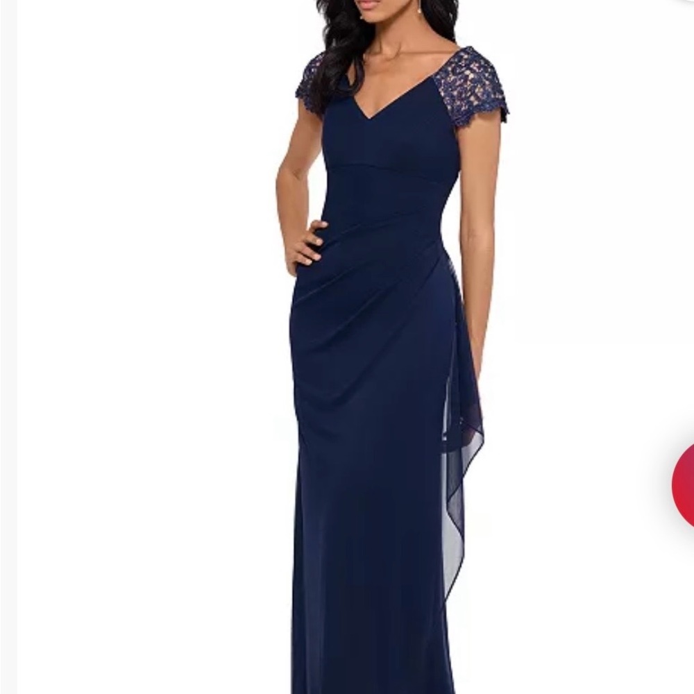 XSCAPE
Petite Lace-Shoulder Gown ,Navy Lace Cap-Sleeve Evening Gown